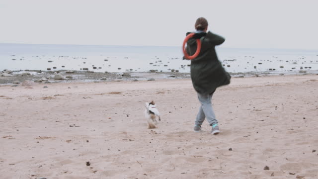 Frau-spielt-mit-Hund-am-Ufer-Meeres