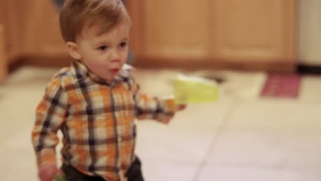 Little-boy-holding-a-plastic-dish-in-the-kitchen-runs-toward-their-dog