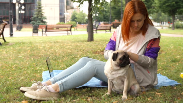 Girl-combing-her-pug-out-in-a-park