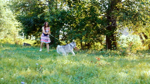 Una-mujer-joven-está-jugando-en-el-bosque-con-un-perro-husky.