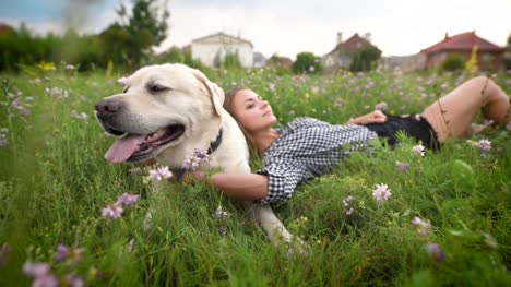 weißen-Labrador-und-junge-Frau-ruhen-in-blühenden-Rasen-in-Landschaft-im-Sommer