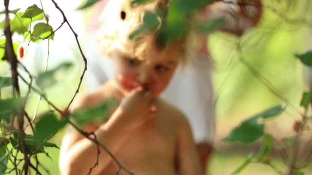 Candid-shot-of-infant-baby-boy-eating-berries-outside-in-4k-resolution