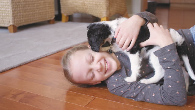 Adorable-cachorro-lame-joven-dueño-mientras-ella-le-abraza.