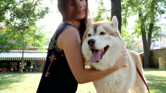owner-stroking-his-pet-in-backlight-outdoors,-young-woman-hugs-husky-dog-close-up