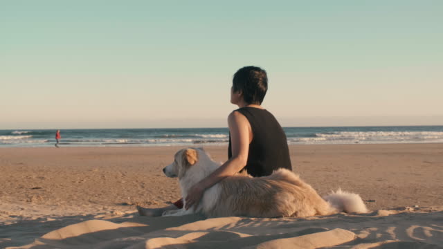 mujer-en-la-playa-con-perro-de-animal-doméstico,-mirando-las-olas