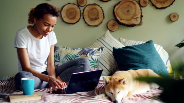 Glückliche-junge-Frau-Freelancer-arbeitet-mit-Laptop-Texteingabe-auf-Bett-zu-Hause-sitzend-mit-niedlichen-Hund-liegen-in-ihrer-Nähe.-Entfernten-Arbeit-und-Menschen-Onlinekonzept.