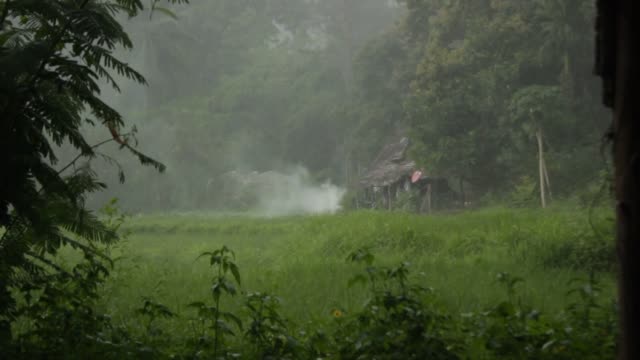 mano-imágenes-de-una-pequeña-hoguera-extinguen-por-una-tormenta-de-lluvia-tropical-en-el-norte-de-Tailandia,-Mae-Hong-Son,-durante-la-temporada-de-lluvias