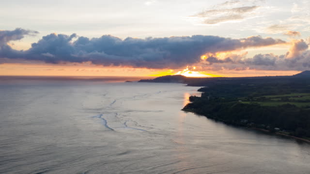 Sunrise-Princeville-Coastline-Beaches-Kauai-Hawaii-Aerial-View-Hyperlapse-Time-Lapse
