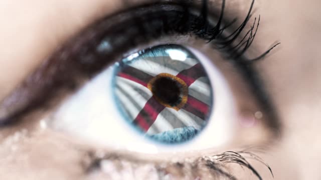 Woman-blue-eye-in-close-up-with-the-flag-of-Florida-state-in-iris,-united-states-of-america-with-wind-motion.-video-concept