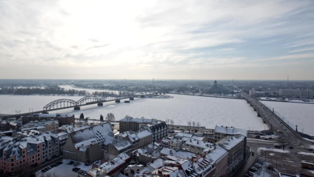 Riga-Down-Town-Cathedral-Dome-Daugava-river-and-bridges-timelapse,-winter-time-lapse