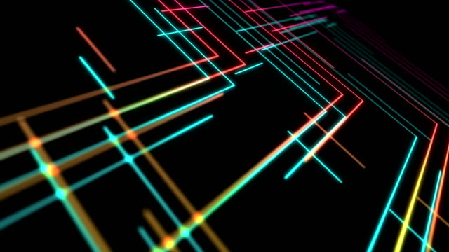 Abstract-Line-right-angle-Lighting-moving-pink-yellow-and-blue-color,-technology-network-digital-data-transfer-concept-design,-glowing-on-black-background-seamless-looping-animation-4K,-with-copy-space