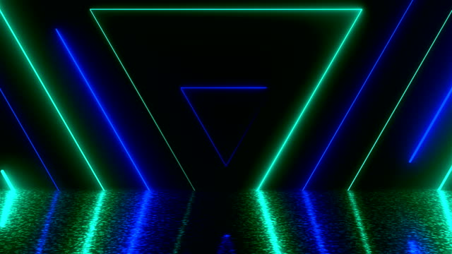Túnel-de-neón-de-triángulos-abstractos-con-reflexión,-generados-por-computadora-fondo