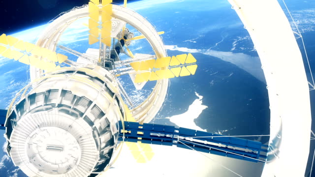 Raumstation-ISS-fliegt-um-die-Erde.-Schöne-detaillierte-Animation.