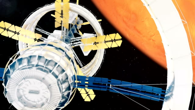 Raumstation-ISS-fliegt-um-den-Mars.-Schöne-detaillierte-Animation.