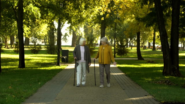 Two-smiling-old-women-talking-walking-in-park,-nursing-home-for-elderly,-leisure