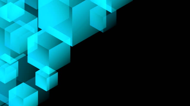 Abstrakte-transparente-3D-isometrische-virtuellen-Würfel-Box-verschieben-Musterfarbe-Abbildung-blau-auf-schwarzem-Hintergrund-nahtlose-Schleife-Animation-4K-mit-textfreiraum