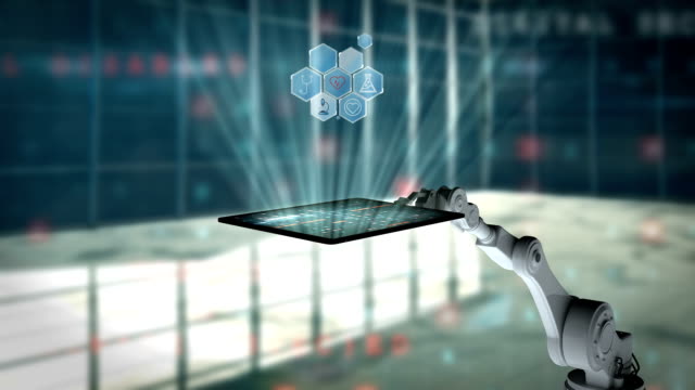 Digitally-generated-video-of-white-robotic-arm-holding-digital-tablet-with-medical-icons