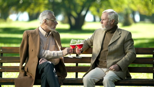 Dos-elegantes-Caballeros-Seniors-tintineos-de-copas-de-vino-en-el-parque,-antigua-amistad