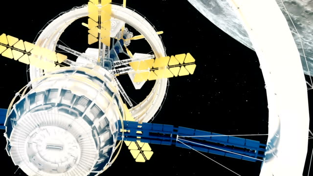 Space-station-flies-around-the-moon.-Beautiful-detailed-animation.