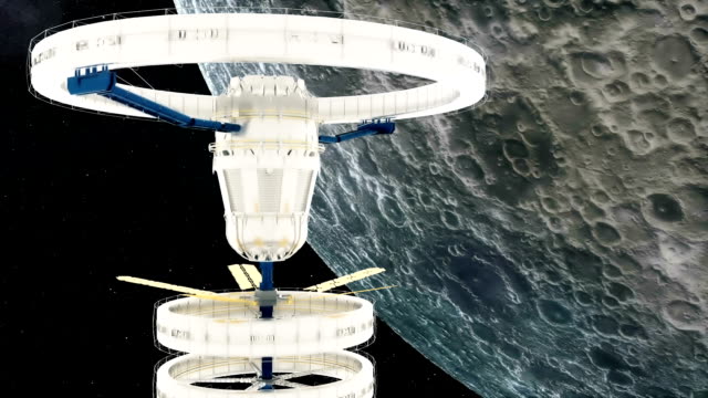 Raumstation-ISS-fliegt-um-den-Mond-herum.-Schöne-detaillierte-Animation.-Endlos-wiederholbar-Hintergrund.