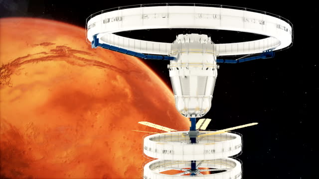 Estación-espacial-vuela-alrededor-de-Marte.-Hermosa-animación-detallada.