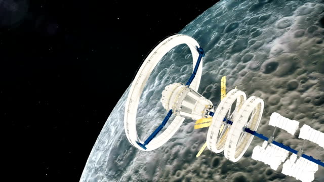 Raumstation-ISS-fliegt-um-den-Mond-herum.-Schöne-detaillierte-Animation.
