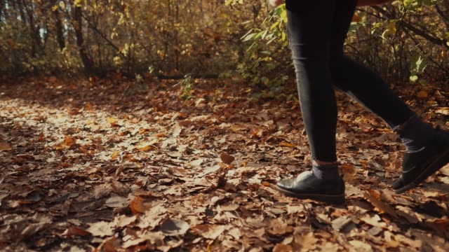 Frau-machen-Sie-einen-Spaziergang-im-Herbstwald.
