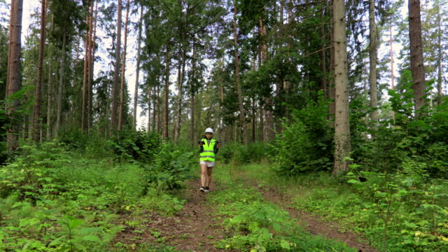 Frau-Arbeiter-mit-Drohne-Quadcopter-zu-Fuß-im-Wald-für-Bäume-Video-Inspektion