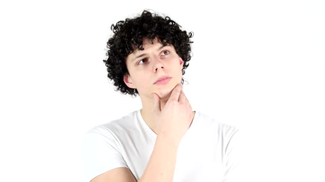 Thinking-Pensive-Young-Man-with-Curly-Hairs,-white-Background