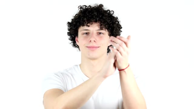 Clapping-Young-Man-with-Curly-Hairs,-white-Background