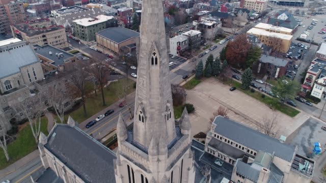 Dramatic-Tilt-Up-Aerial-View-of-Church-Steeple