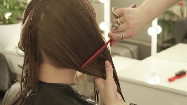 Hand-haircutter-combing-long-hair-during-woman-haircut-in-hairdressing-salon.-Close-up-hairdresser-making-female-haircut-in-beauty-salon