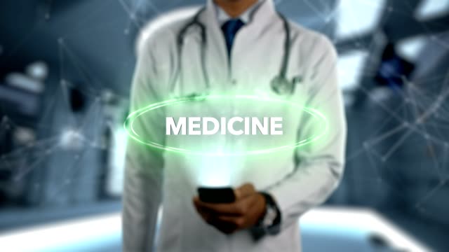 MEDICINE---Male-Doctor-With-Mobile-Phone-Opens-and-Touches-Hologram-Treatment-Word