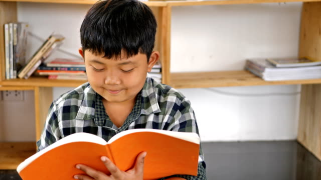 Süße-asiatische-Kinder-lesen-ein-Buch-am-Schreibtisch-im-Zimmer.-Bildungskonzept