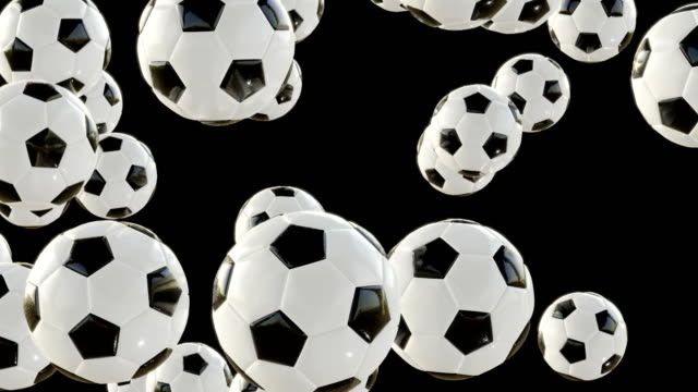 Balones-de-fútbol-cae,-lazo-con-alfa-del-canal-de-animación-en-3D