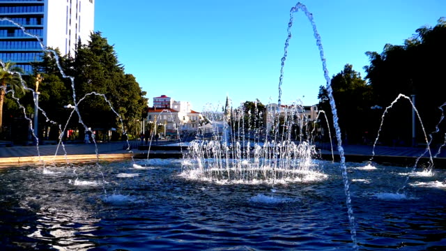 Musical-Fountains-in-the-park-on-the-embankment-of-Batumi,-Georgia.-Slow-Motion