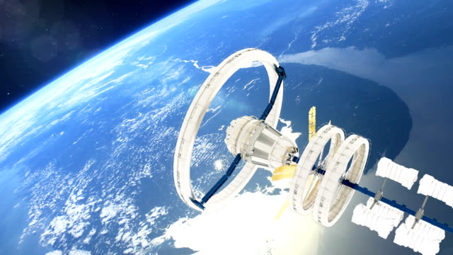 Estación-espacial-vuela-alrededor-de-la-tierra.-Hermosa-animación-detallada.