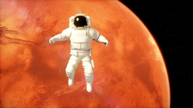 Astronaut-in-outer-space-is-flying-over-the-planet-Mars