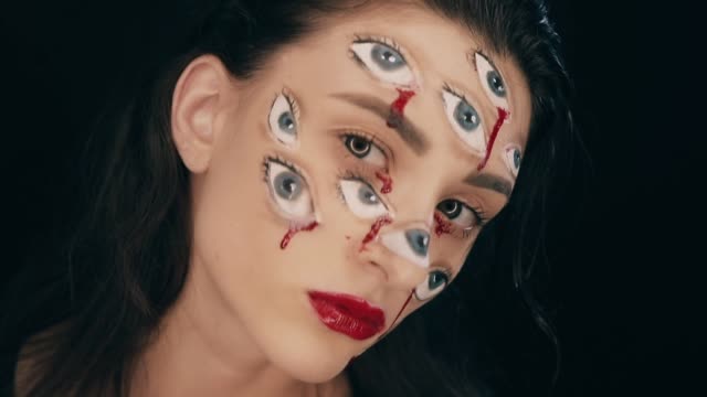 Art-Halloween-makeup,-woman-has-many-eyes-on-a-face