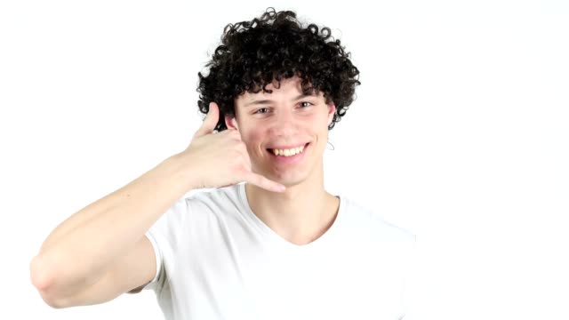 Call-me-Gesture,-Young-Man-with-Curly-Hairs,-white-Background
