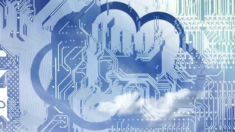 Cloud-computing-video-conceptual.-Cielo-azul-con-vueltas-de-tiempo-de-las-nubes-en-una-nube-sobre-un-fondo-de-placa-de-circuito.