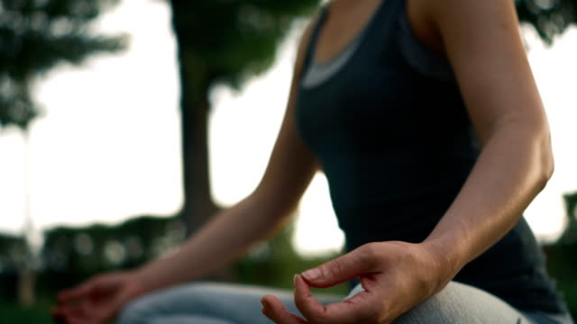 Pretty-girl-meditating-while-sitting-in-lotus-pose.-Yoga-practicing-in-park