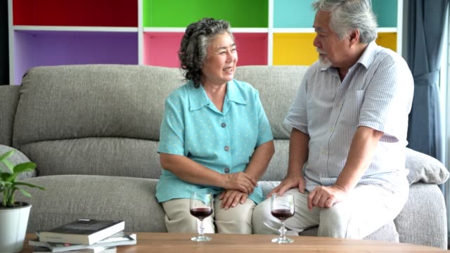 Senior-couple-sitting-and-talking-with-red-wine-glass-on-table-in-living-room.