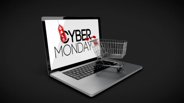 Trolley-mit-Boxen-auf-Laptop-Cyber-Montag-Verkaufsschild-anzeigen