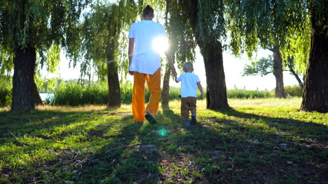Rear-view-of-young-father-and-little-son-holding-hands-and-walking-through-green-park-at-summer-day.-Happy-family-spending-time-together-at-nature.-Sunlight-at-background.-Slow-motion-Close-up