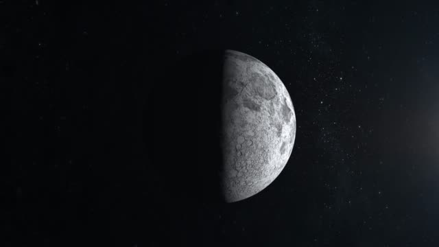 The-moon-is-half-illuminated-by-the-sun.-The-moon-is-motionless-and-slowly-approaching.-View-from-space.-Stars-twinkle.-4K.