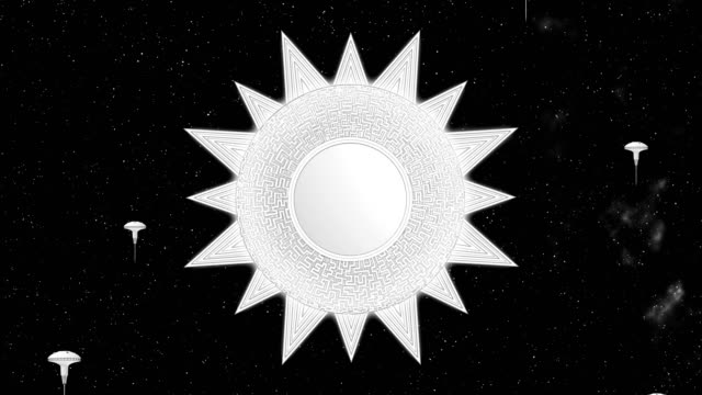 Techno-sci-fi-sun-space-station-rotates-on-stars-background-3d-animation