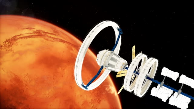 Raumstation-ISS-fliegt-um-den-Mars.-Schöne-detaillierte-Animation.