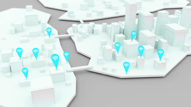 Iconos-de-internet-inalámbricos-WiFi-apareciendo-sobre-3D-modelo-de-ciudad