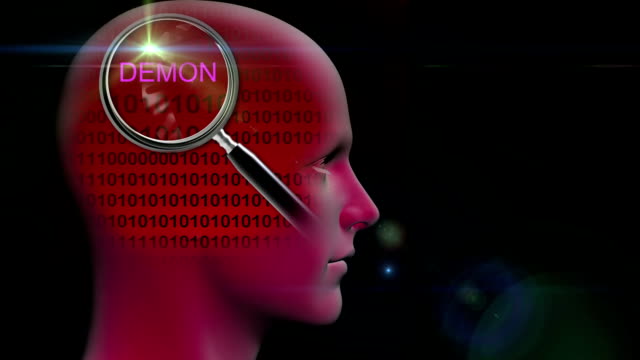 animation---profile-of-a-man-with-close-up-of-magnifying-glass-on-word-DEMON
